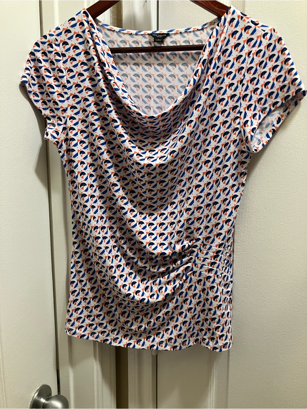 Ann Taylor Cowl Neck Short Sleeve Printed Top - Blue & Orange